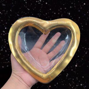 Annie Glass Heart Bowl Dish Crackled Gold Rim Signed 1995 Marked Art Glass 8”W